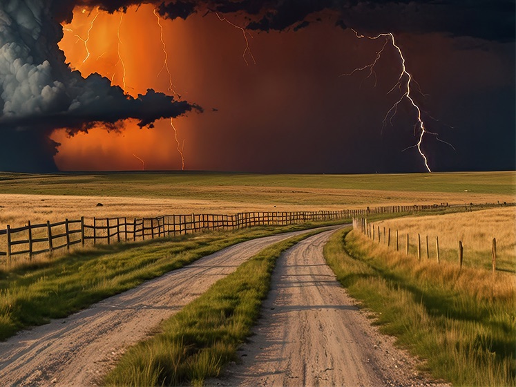 Wooden fence lines running along a prairie dirt road