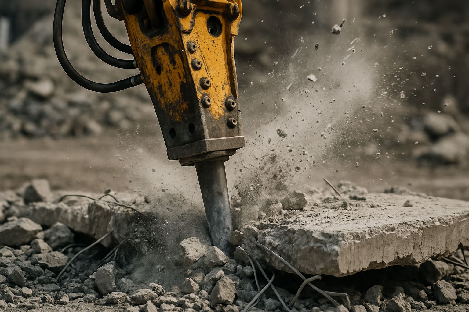 Hydraulic breaker attachment demolishing concrete